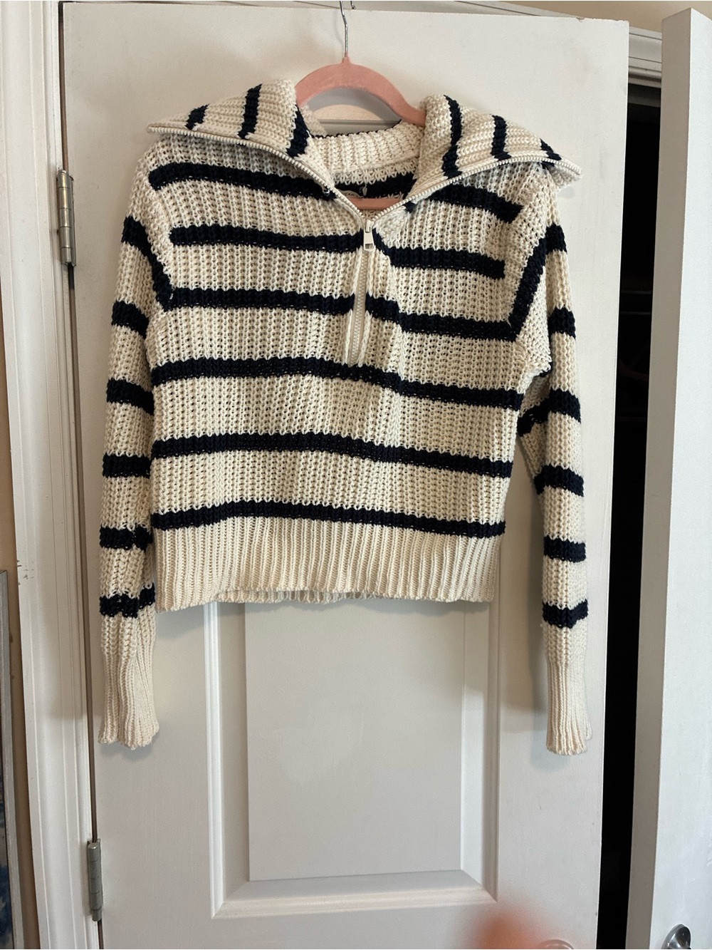 American Eagle Outfitters Cream and Black Striped Half-Zip Sweater